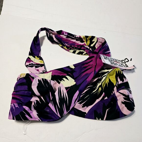 Future Collective Halter Top Wrap Neck Botanical Print Women's S Purple Black - Picture 2 of 6